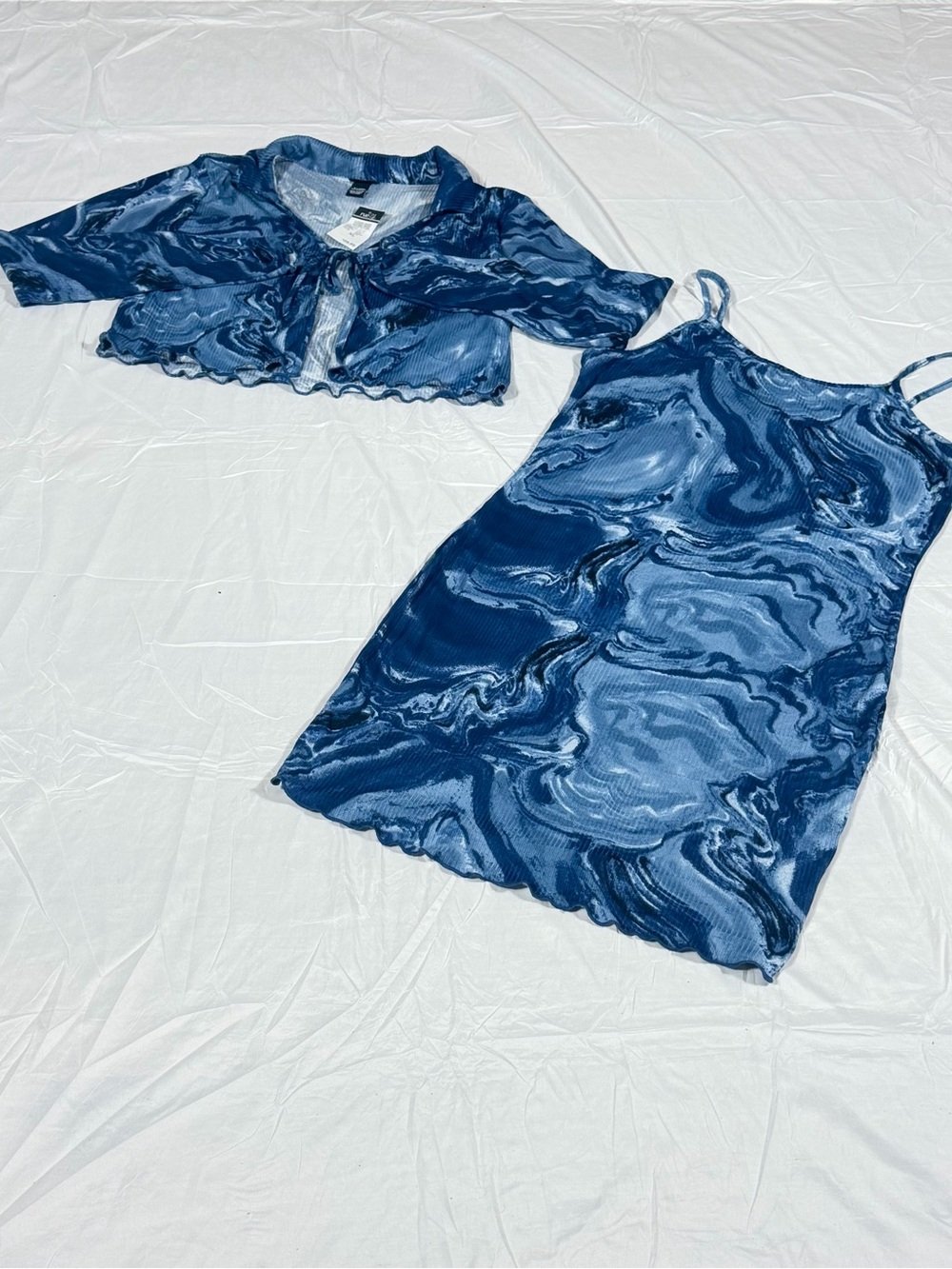 NWT Rue21 Women XL Blue Marble Mini Dress Shrug 2 Piece Y2K Set P39